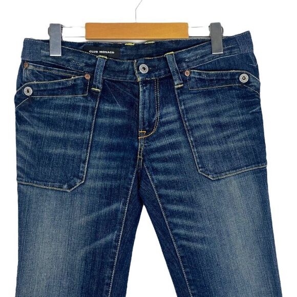 CLUB MONACO Women's Blue Dark Wash Distressed Patch Pocket Bootcut Jeans US 2 - Picture 3 of 16